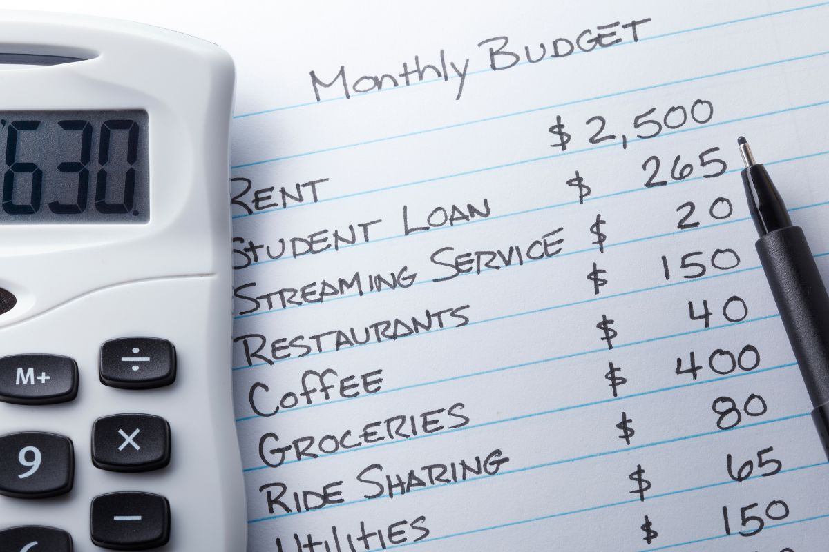 Image of a calculator and a paper with a monthly budget.
