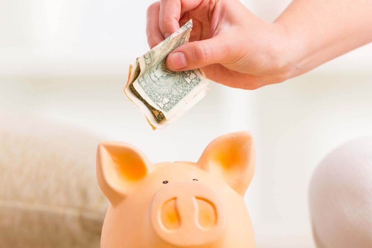 A photo shows a woman's hand saving money.