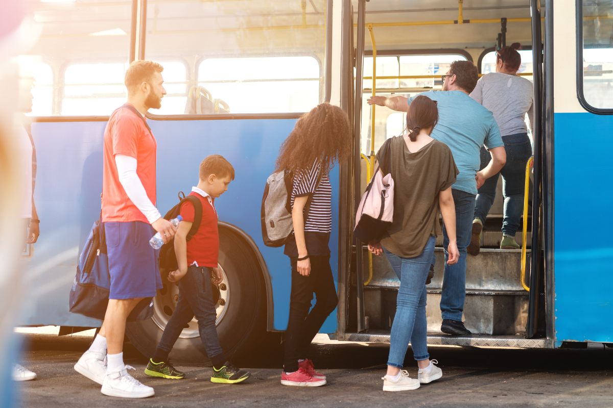 The photo of a passenger getting on the bus.
