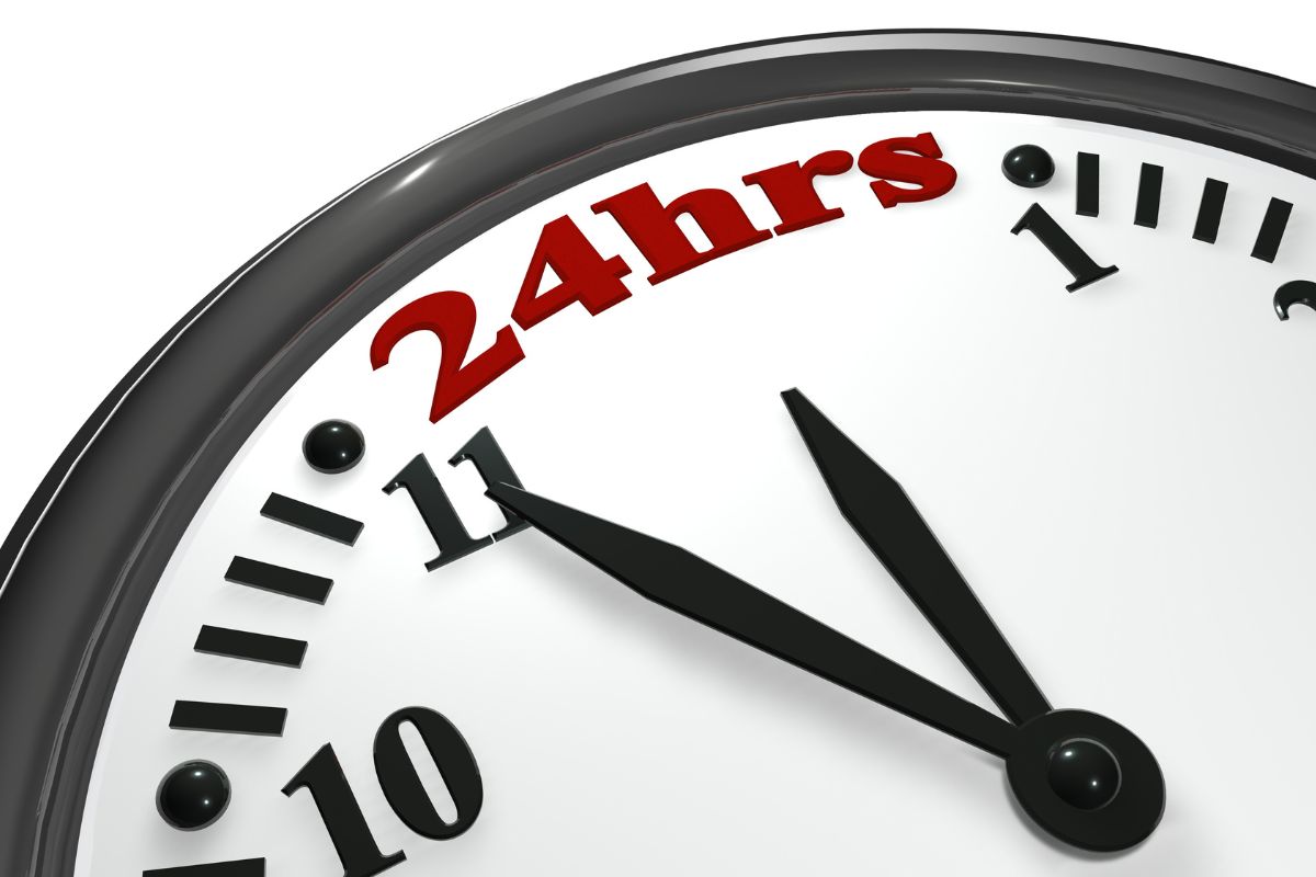 The picture shows a clock with 24-hour wording.