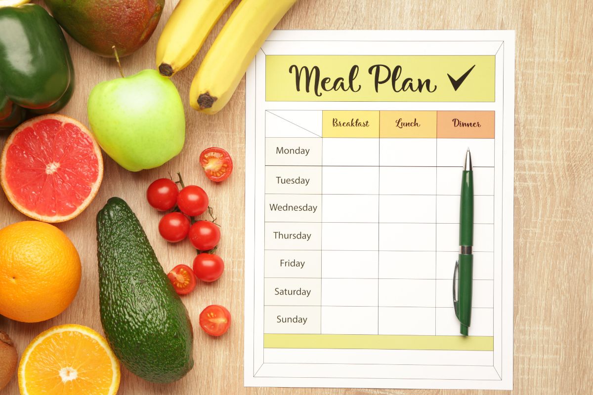 Image of fruits and paper with a meal plan.