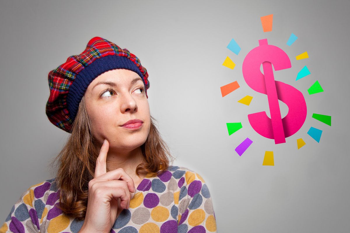 An image of a woman thinking about money.