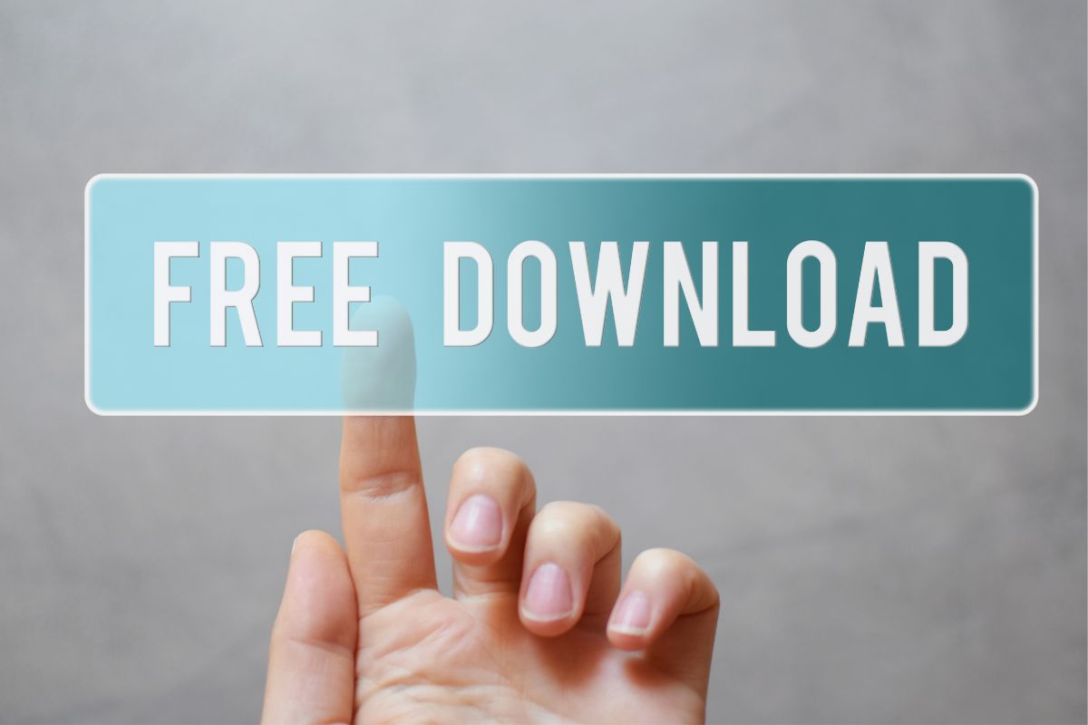 The photo shows a woman's hand pointing to the free download wording.