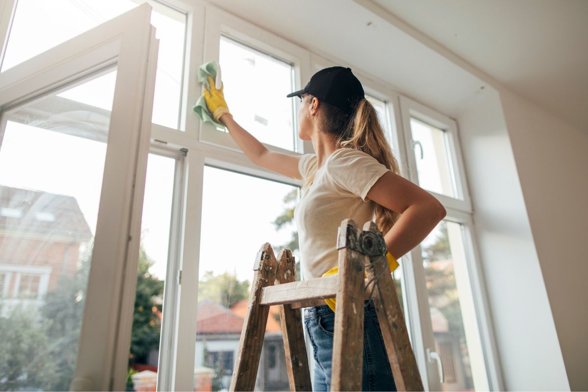 Image of a woman cleaning a window.