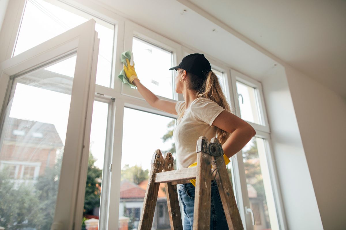 The picture tells about a girl climbing the ladder and wiping the window indicating to do a deep-cleaning session makes your space feel better and helps you appreciate what you already have.