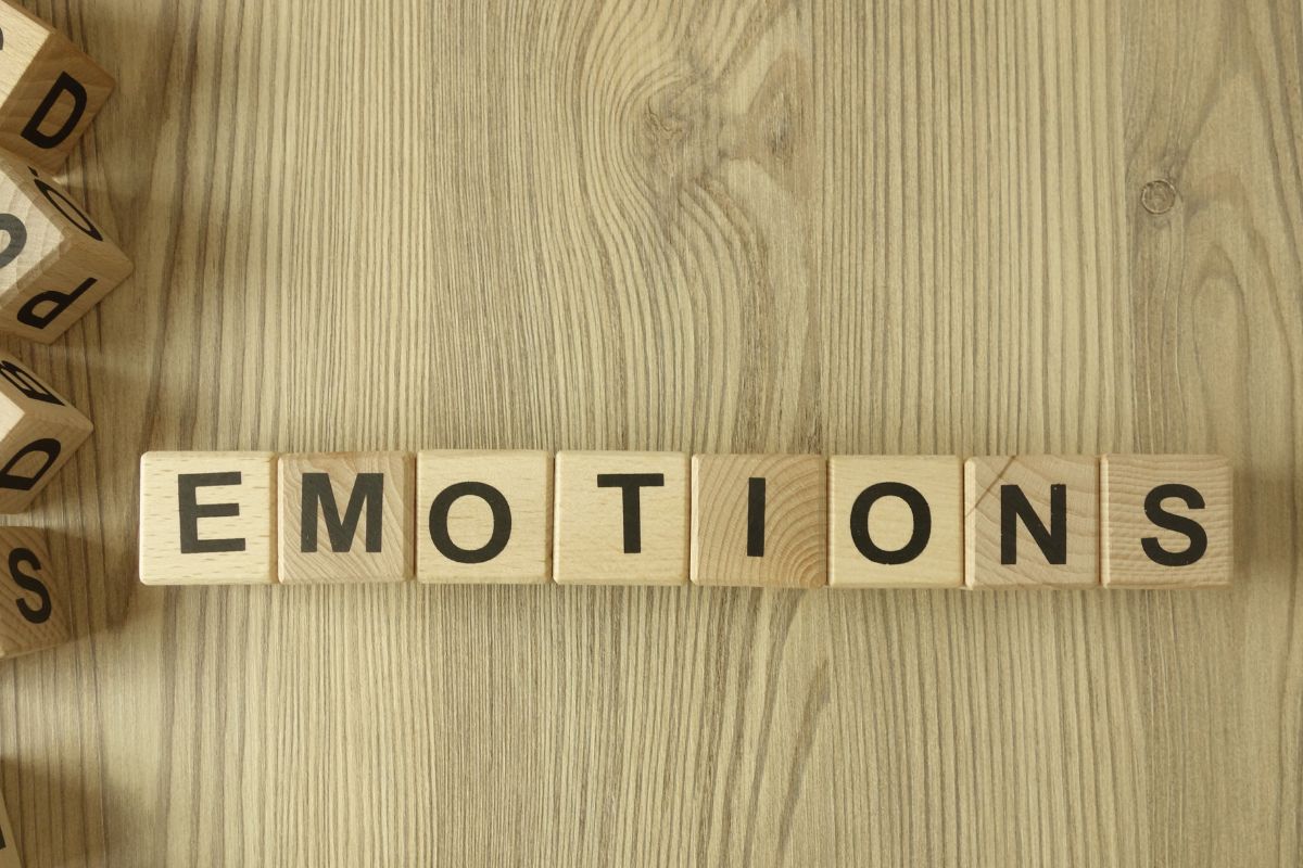 The picture shows wooden cubes with letters which means that keeping emotions out of financial decisions often leads to bad financial outcomes.