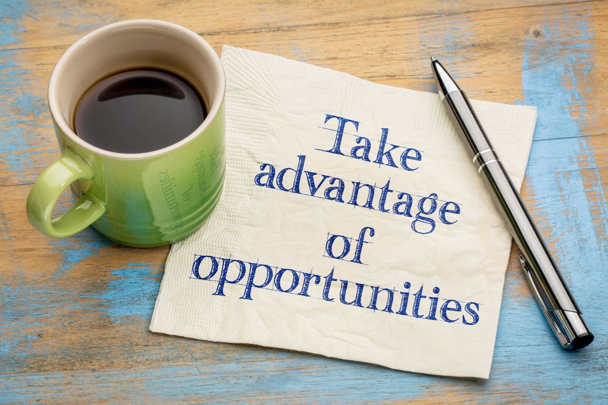 The picture tells about a coffee, a pen, and a piece of paper with notes referring to staying adaptable and open to new opportunities to see a chance to grow their wealth.