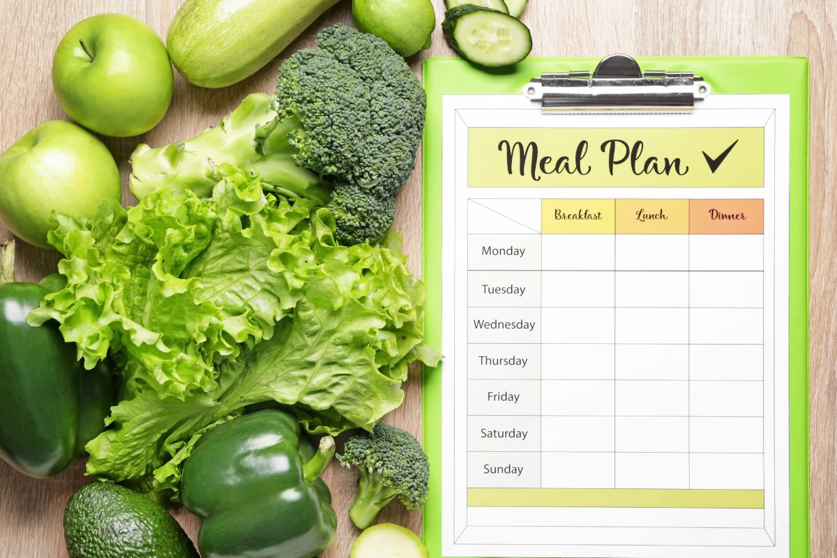 A picture of vegetables and a paper with a meal plan.