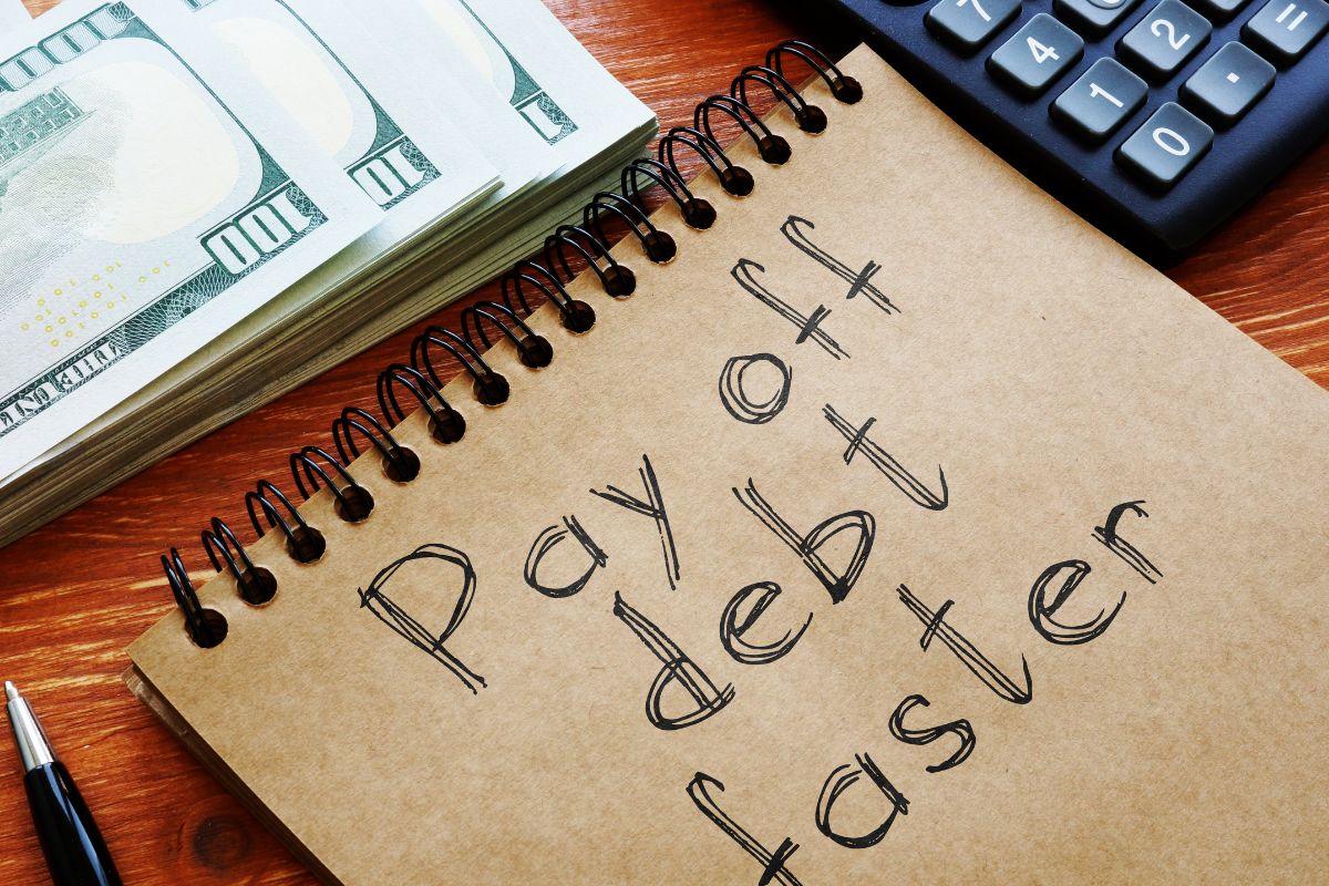 An image of money and a notebook with the pay off debt faster wording.