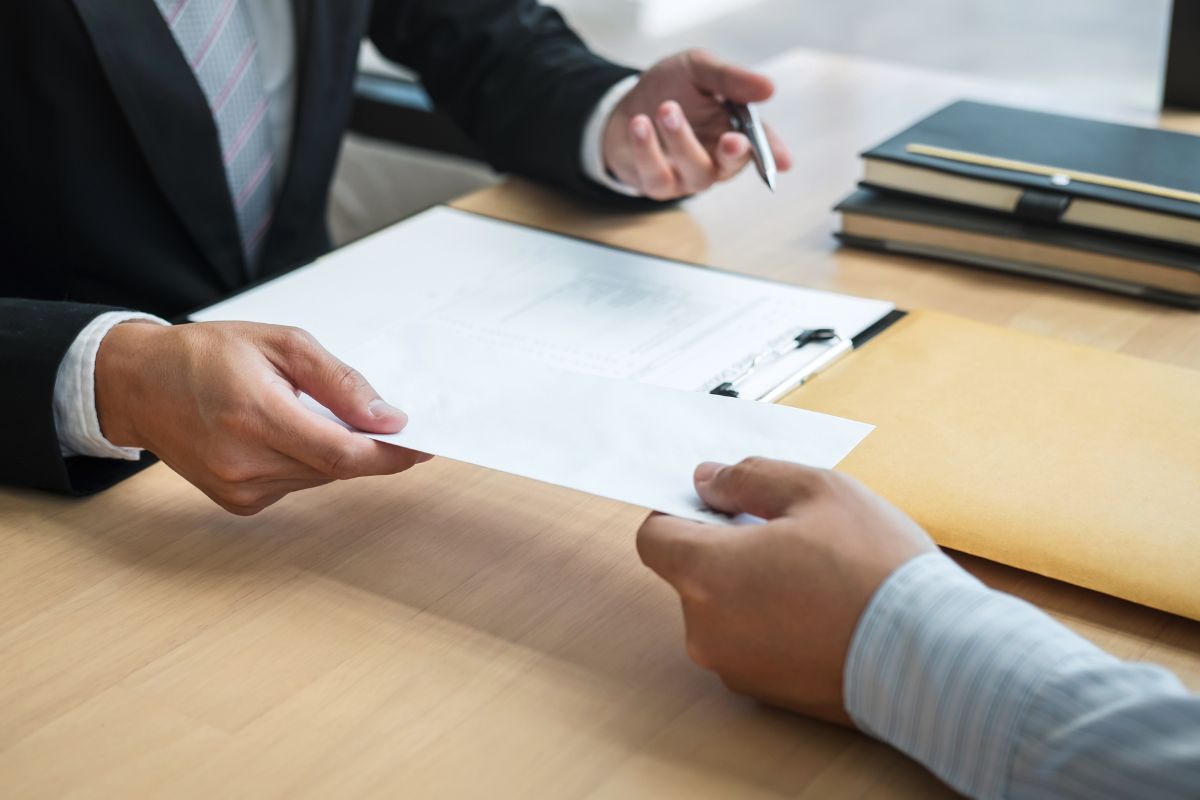 The picture shows a transaction between the boss and the employee.
