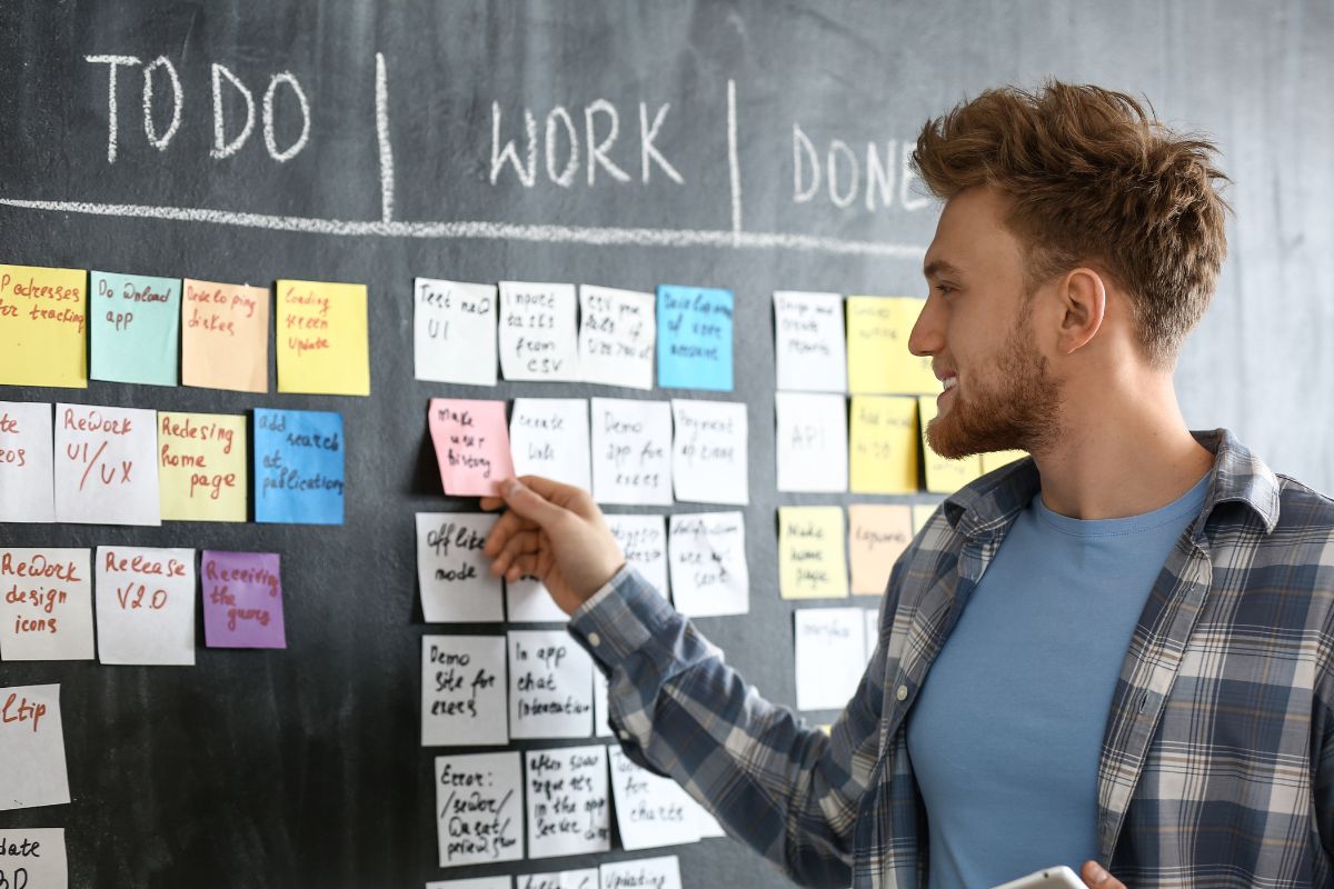 The image shows a man organizing tasks.
