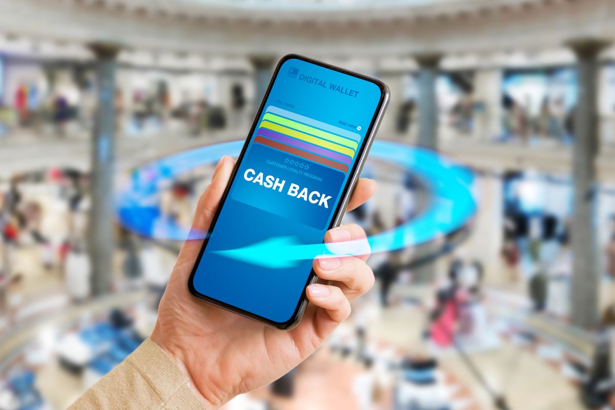 The image tells about a girl's hand holding a phone with a screen display which means using cash-back apps and rewards is a simple way to stretch your budget further.