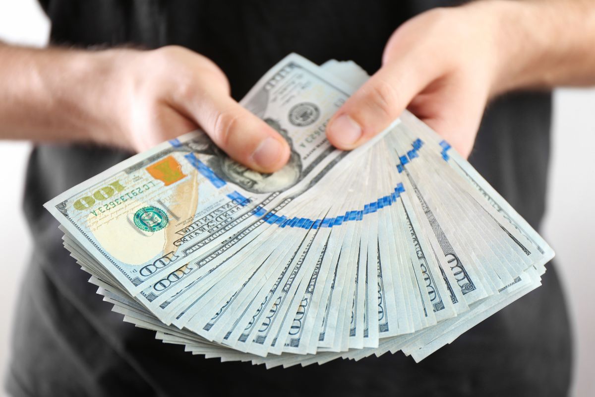 The picture shows a man's hand holding money.