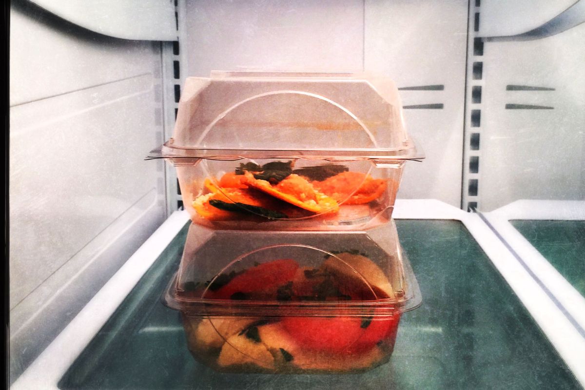 The photo shows leftovers in a fridge.
