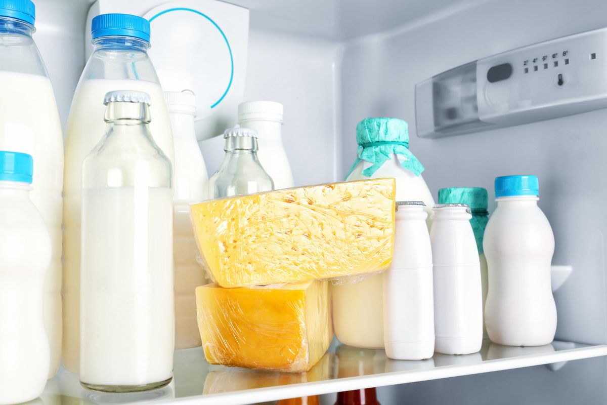 The photo shows different kinds of dairy products inside the fridge indicating to keep dairy products in the coldest helps cut down on wasted food and extra trips to the store.