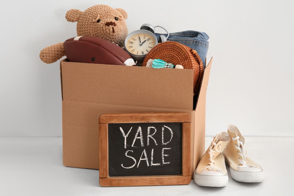 The picture tells about a box with stuff, a shoe, and a board with notes referring to selling unused items to help clear clutter and boost your savings.
