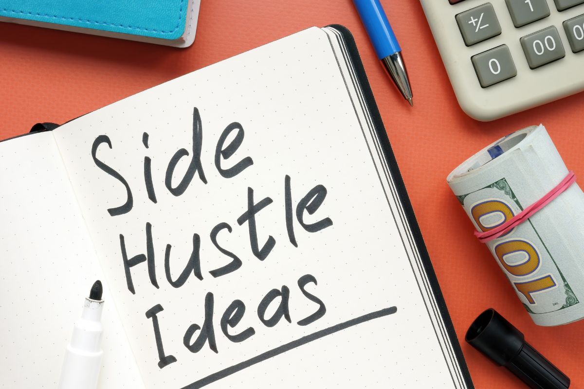 The picture shows money and a notebook with side hustle wording.