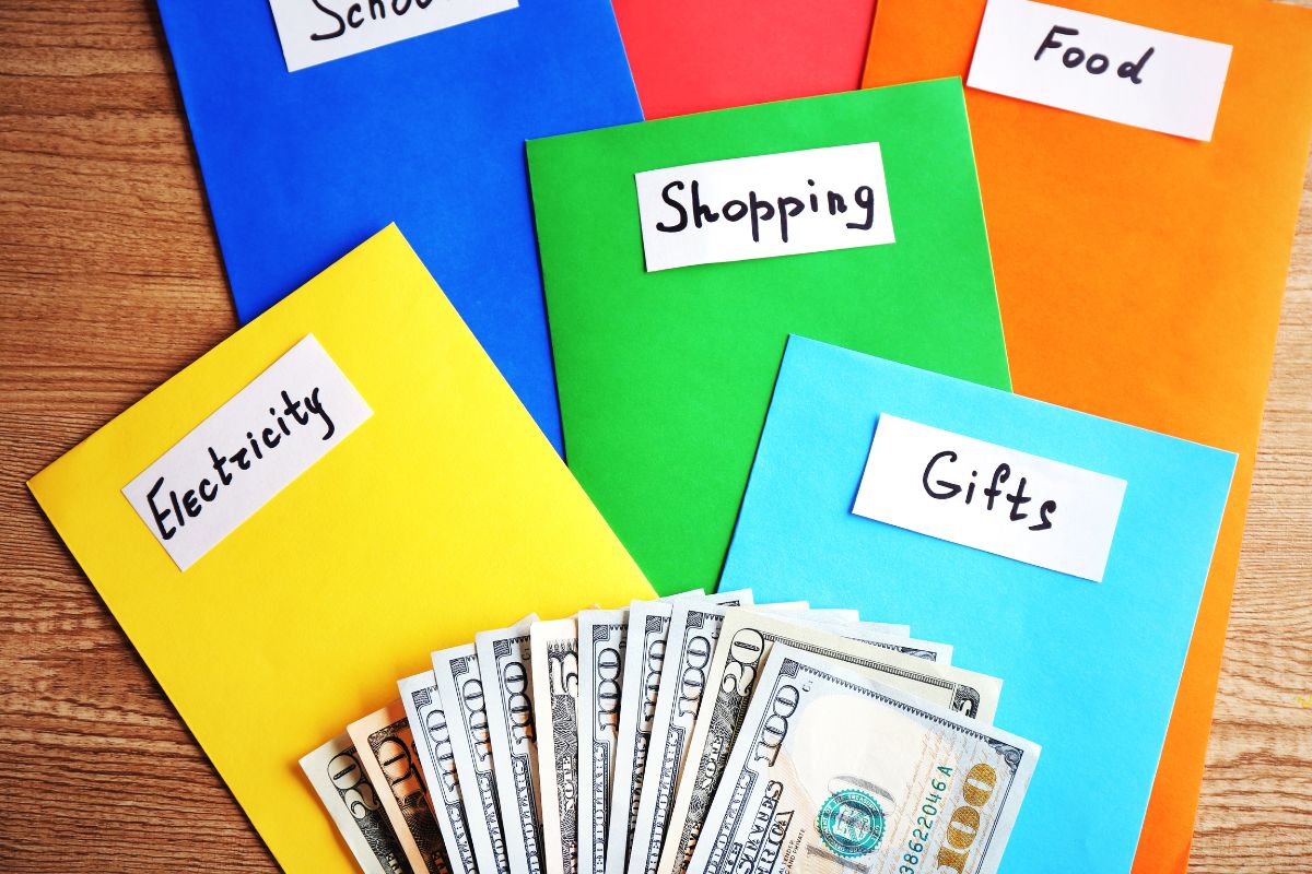 The image shows colored envelopes with notes and dollar bills which refers to the use of the envelope method making it easy to track spending and avoid going over budget.