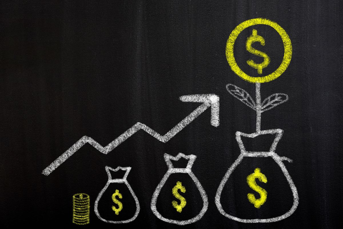 The picture tells about money bag icons, coins, dollar signs, and an arrow referring to starting to save money fast and build a better future today.