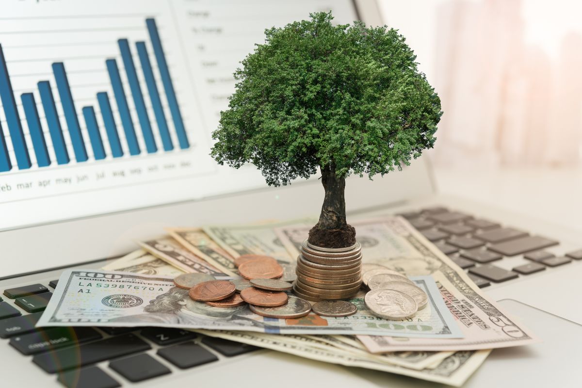 The photo tells about a laptop with a graph, a tree, coins, and dollar bills which means investing aggressively provides long-term growth and passive income.