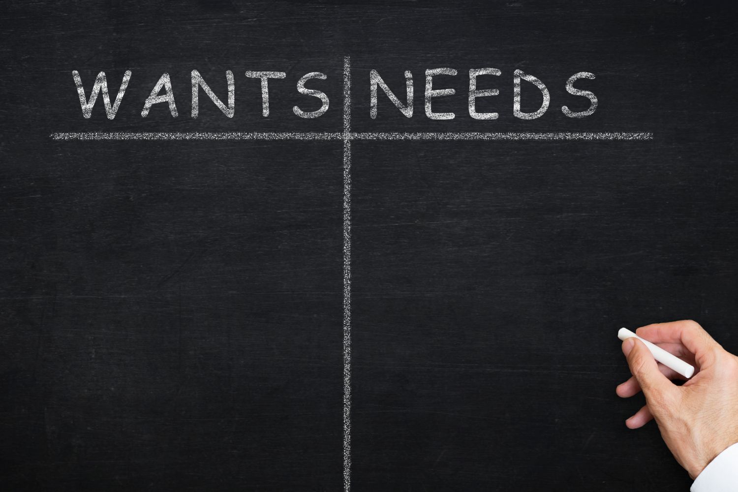 A picture of a man's hand and writing wants and needs on the board.