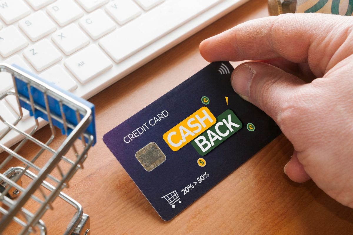 The picture of a man's hand holding a cashback card.