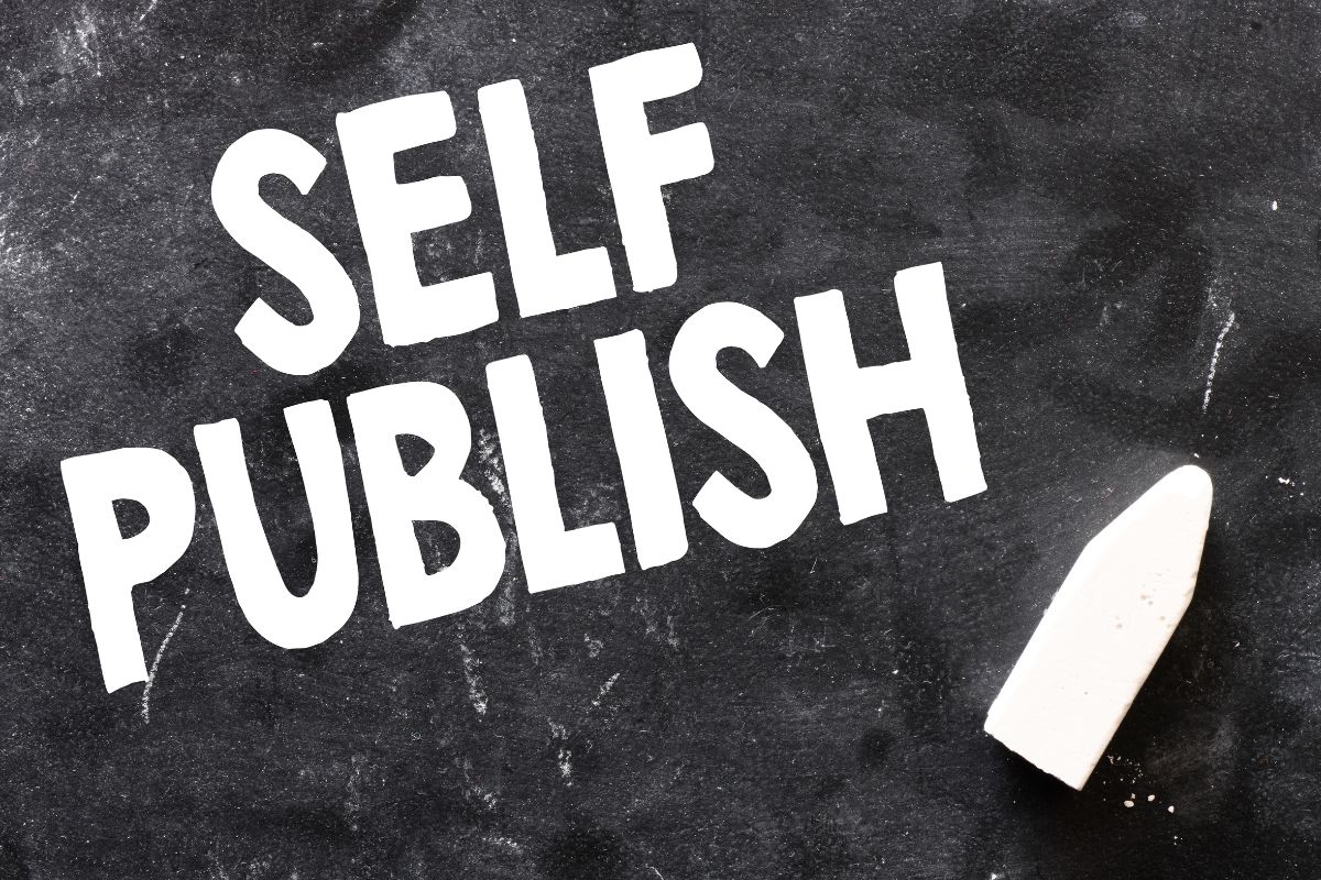 The image tells about a chalk and a board with notes indicating that publishing and selling books is a great way to share knowledge while building financial independence.