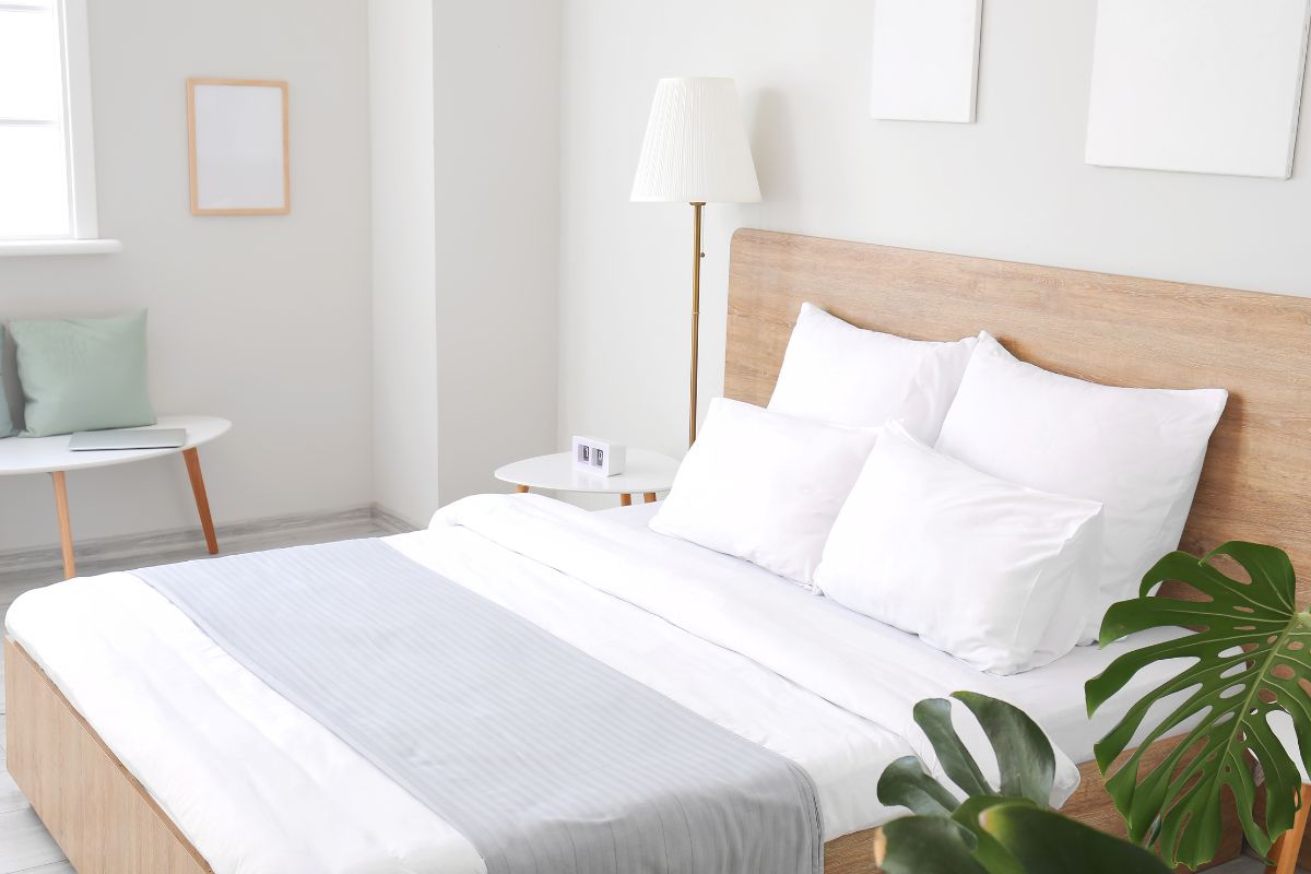 The photo shows a table, a plant, a lamp, wall displays, and a bed with pillows and blankets indicating that renting out a spare room can bring in serious money and grow wealth by investing in more rental properties.