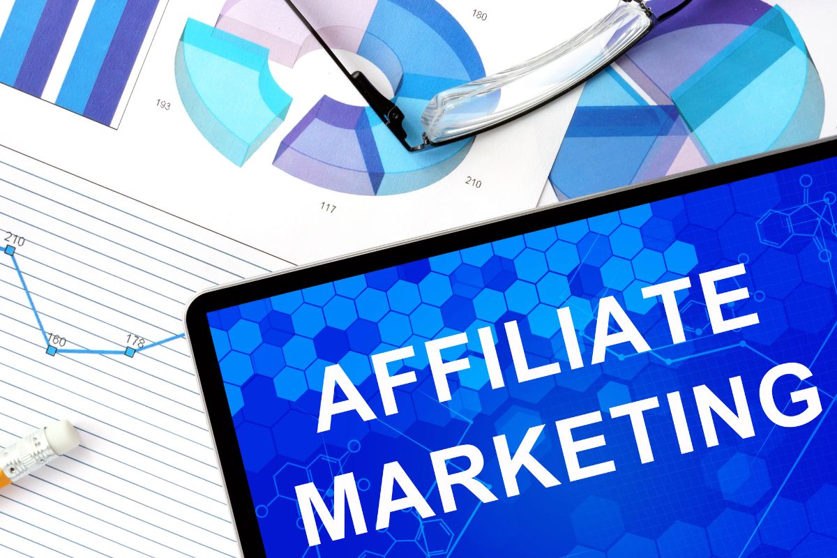 The picture of a tablet with an affiliate marketing screen display.