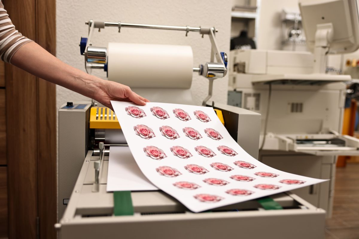 The image shows machines and a girl holding a paper with stickers which refers to print-on-demand as a low-risk way to make money from home.