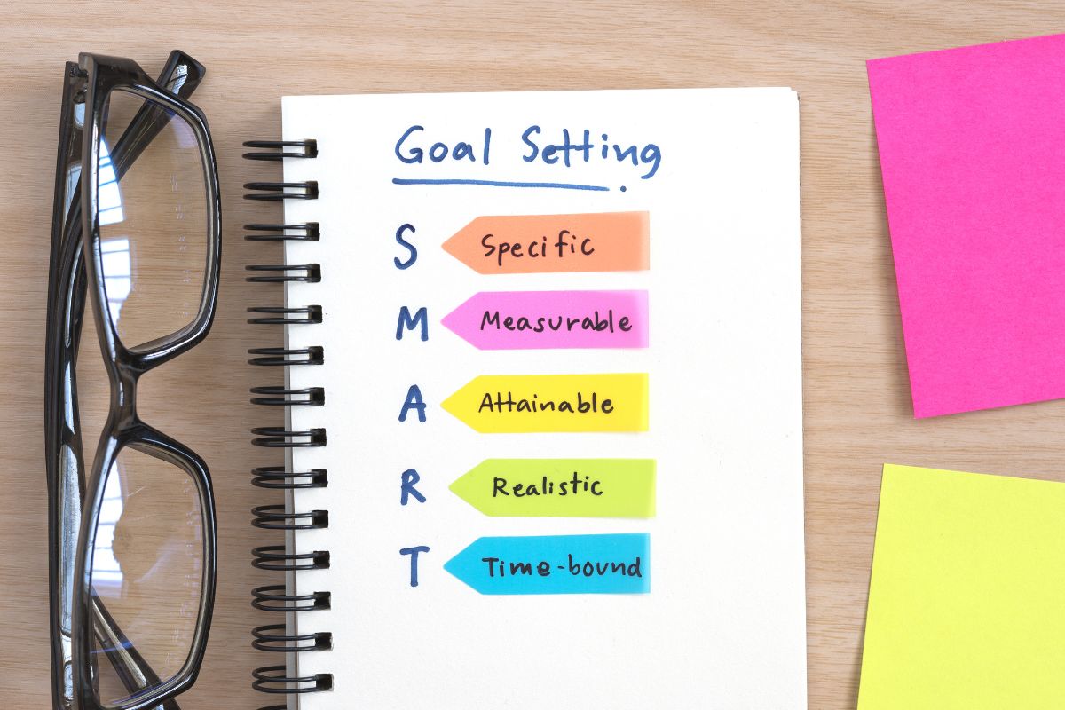 An image of a notebook with goal setting list.