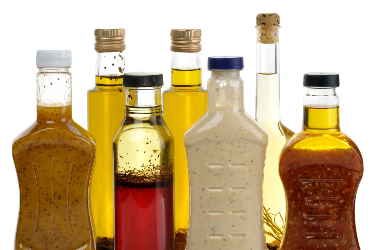 The picture shows bottled salad dressings.