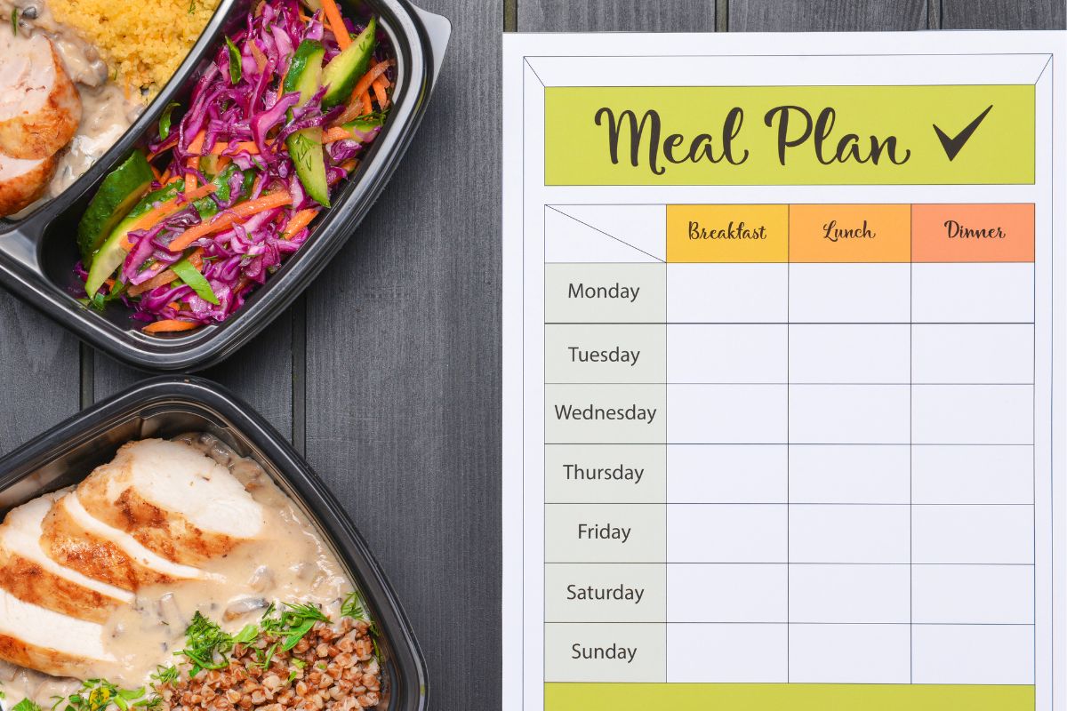 The picture of food and paper with a meal plan.