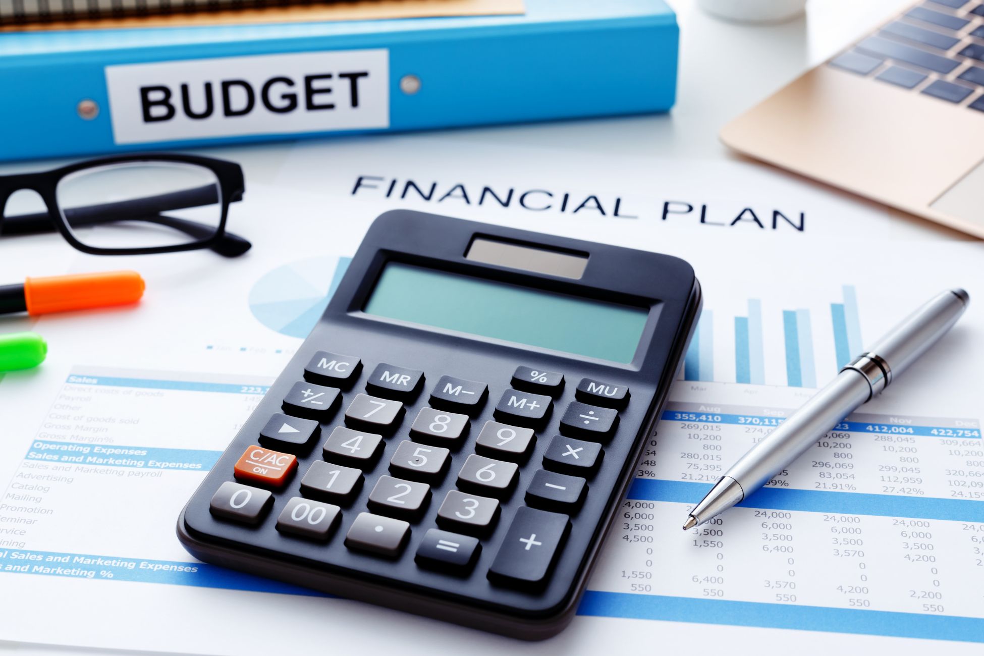 The image of a calculator and a financial plan.
