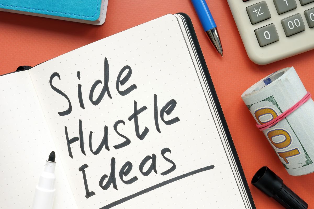 The image shows a notebook with side hustle ideas wording.
