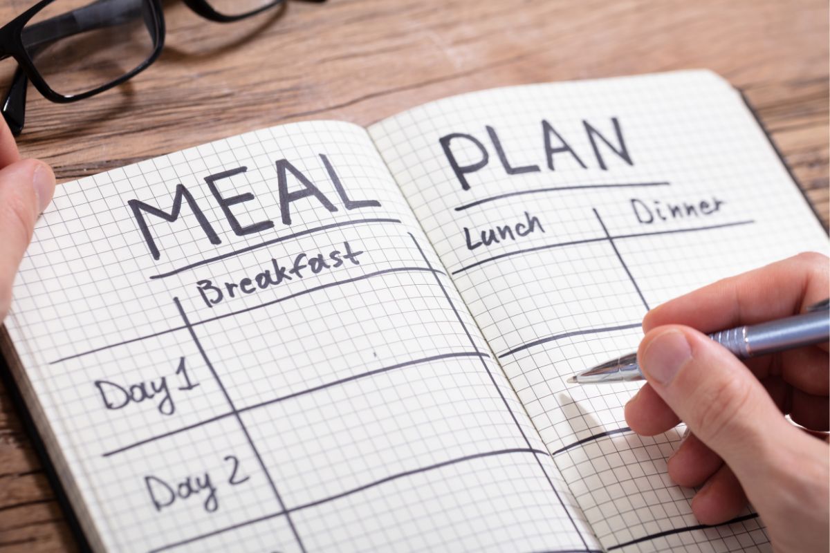 The photo shows a man's hand making a meal plan.