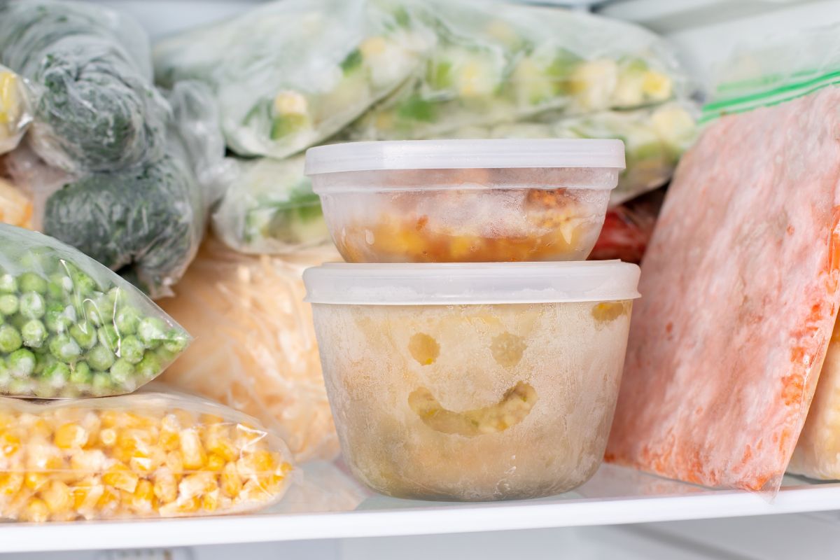 The image shows different kinds of foods in the plastic containers in a fridge which means opting for frozen or canned goods keeps grocery spending low.