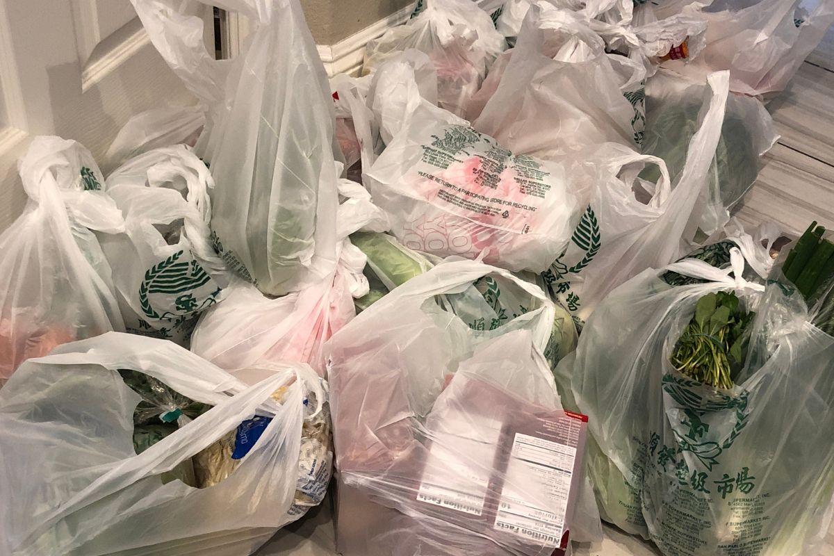 The photo shows plastic bags with products which means avoiding impulse purchases keeps you focused on financial goals and that leads to lasting financial independence.