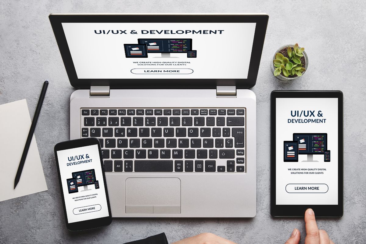 The picture of a laptop, a pen, a piece of paper, a tablet device, a plant, a phone, and a man's hand indicating to a UX/UI designer makes websites and apps easy to use and a great online job.