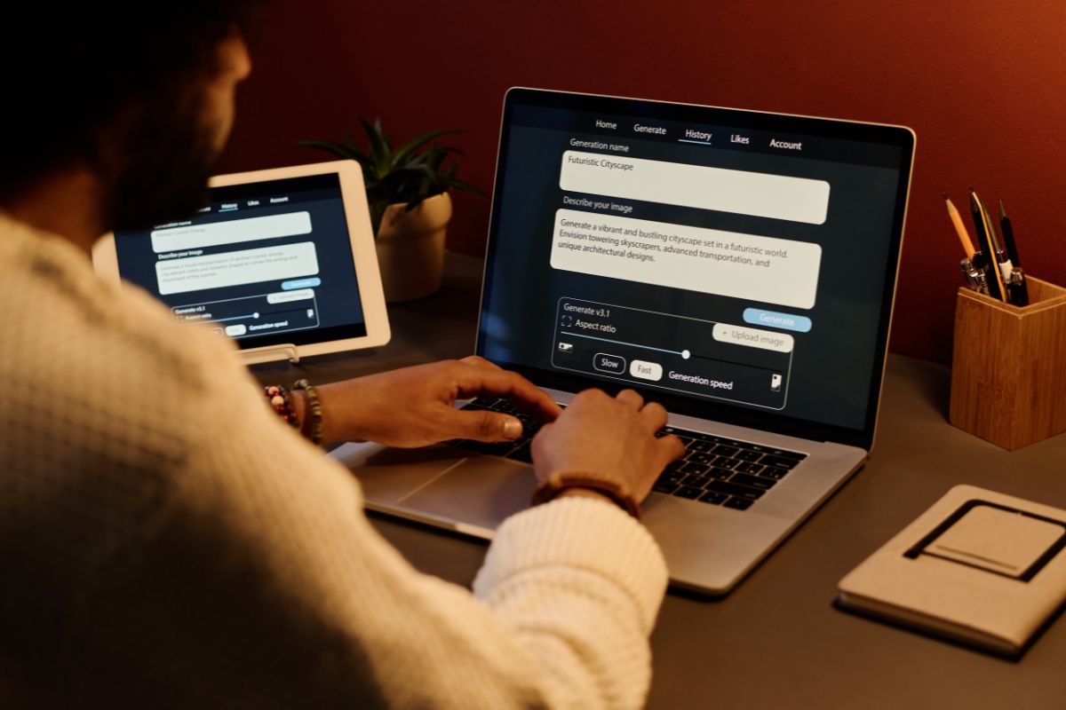 The image tells about a tablet device, a notebook, pens, and a man using a laptop which refers to AI Engineer build smart programs that learn and improve and could be a career path.
