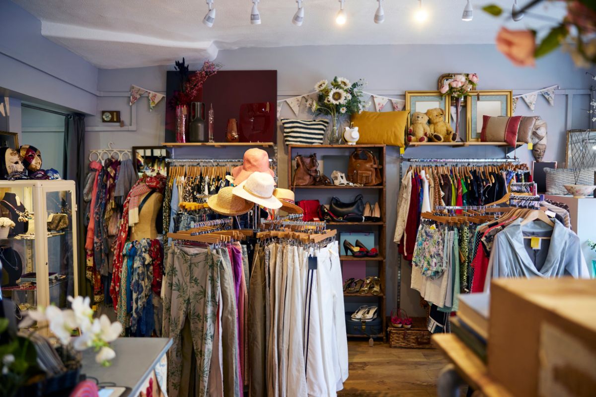 The image shows clothes, bags, and stuffed toys in a store which refers to source products from thrift stores that often have items priced way below their resale value which helps maximize profits.