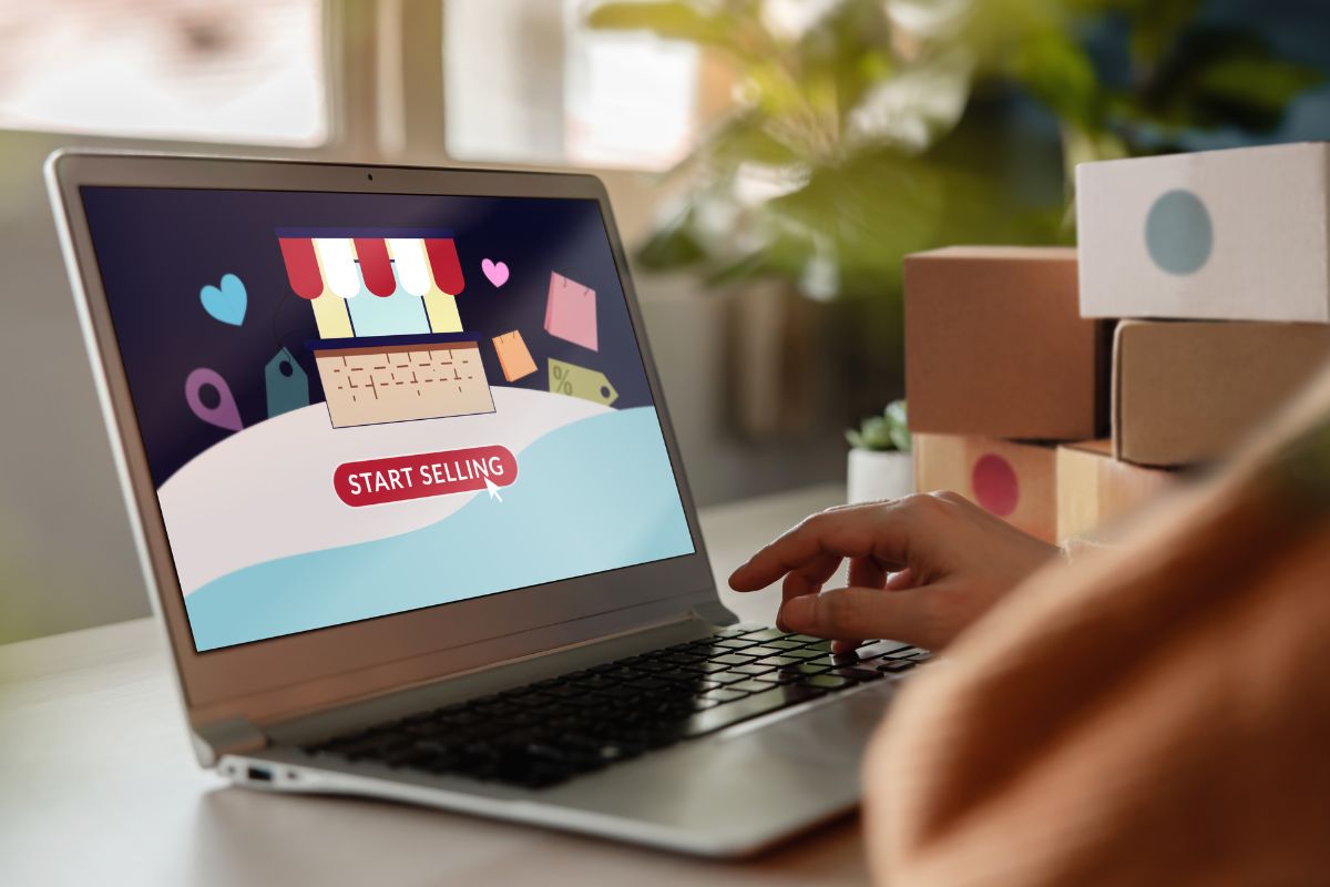 The picture shows a woman loving selling on online platforms.