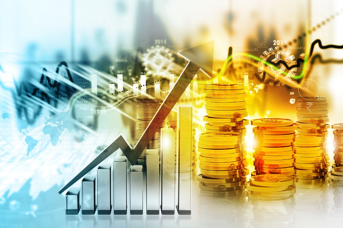 The image tells about coin stocks and graphs with an arrow which means paying off debt builds a strong financial foundation and the best way to secure long-term success. 