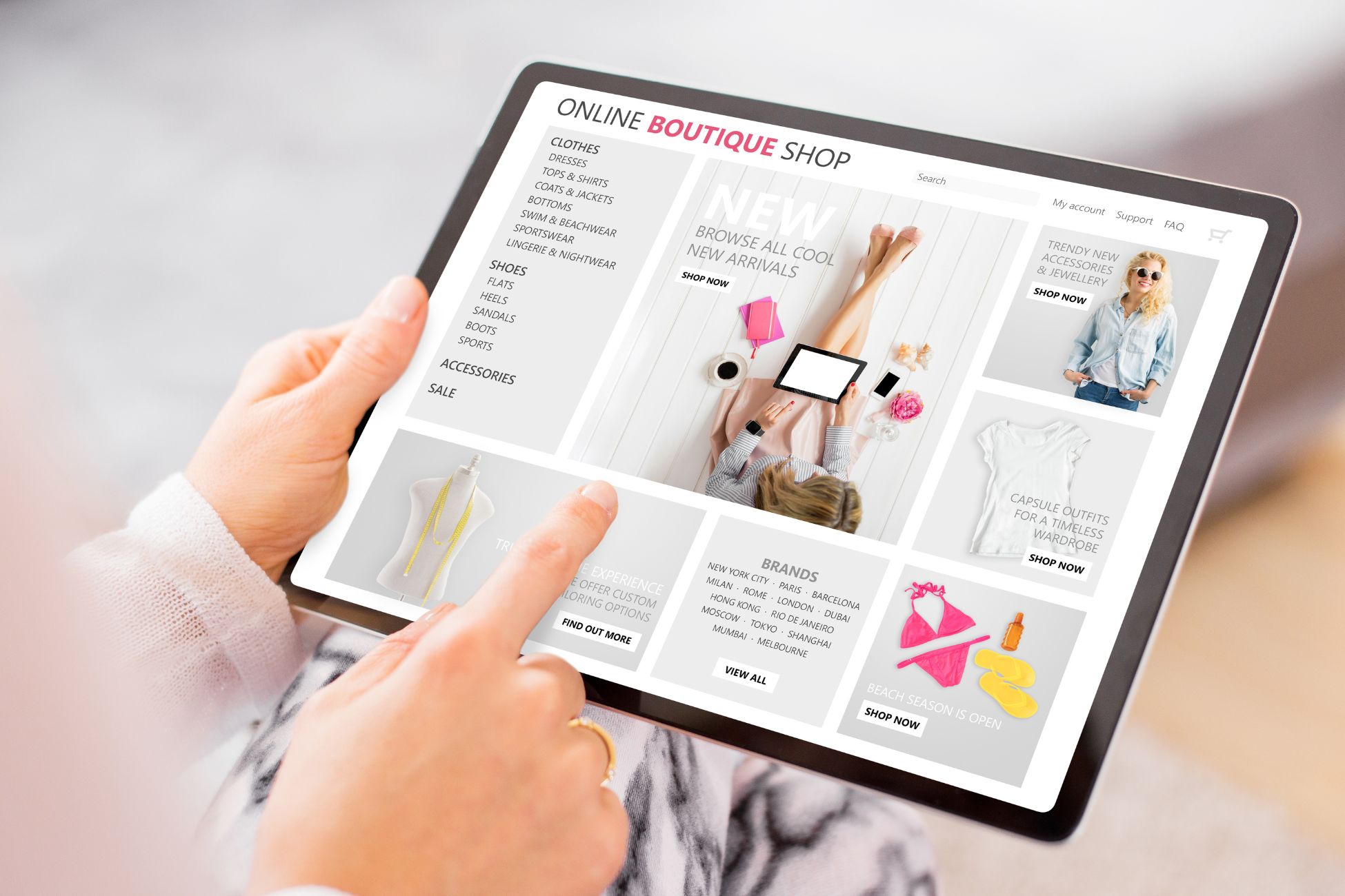 The photo shows a woman's hand creating a storefront on a device.