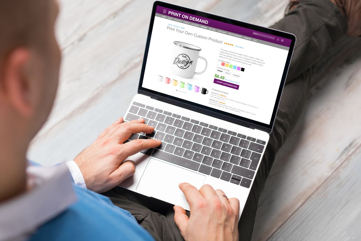 The image shows a man using a laptop with a screen display indicating the creating a storefront helps customers shop without confusion.