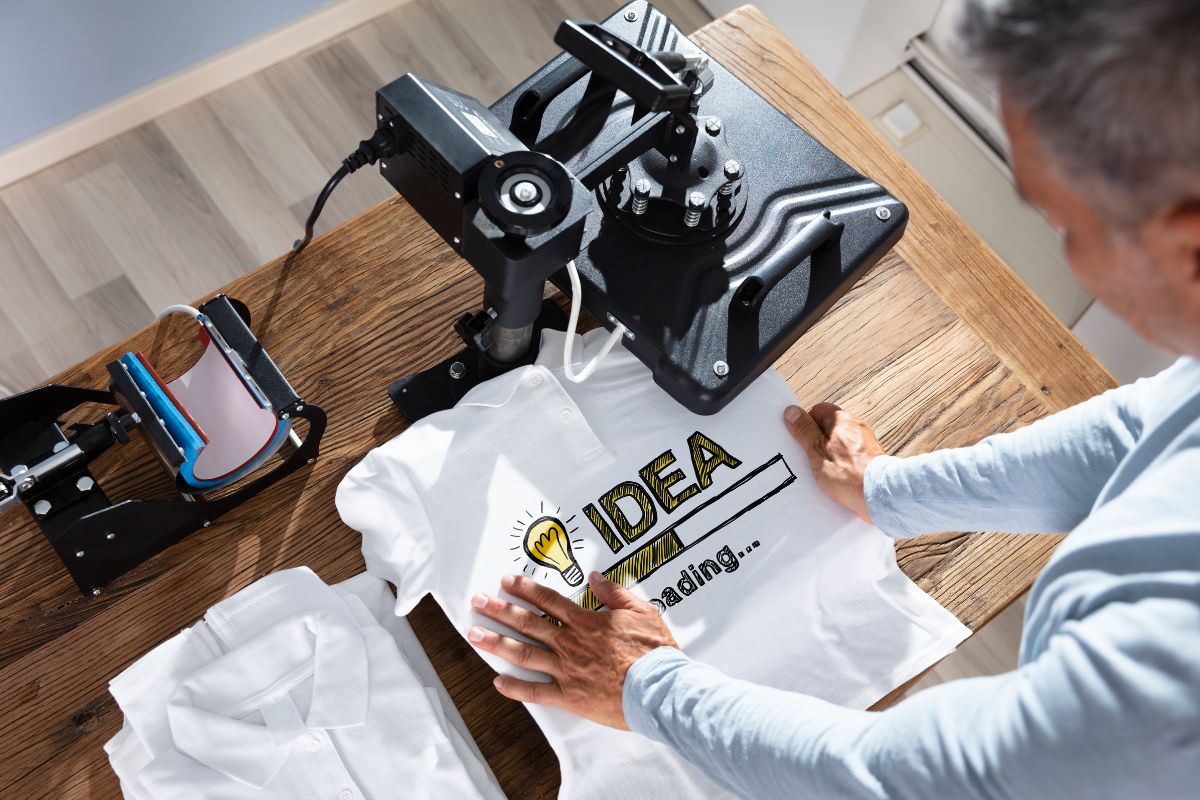 The picture shows a man making printed shirts.