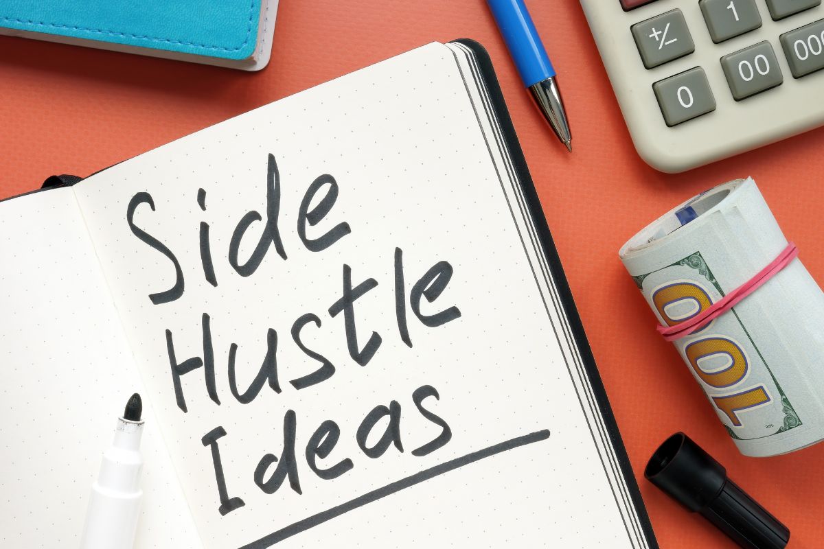 The photo shows a notebook with side hustle ideas wording.