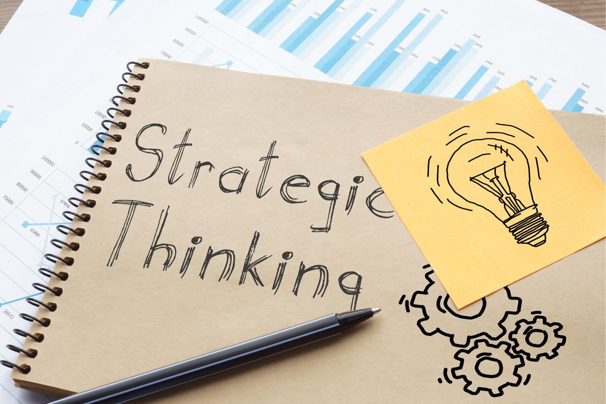 A picture of a notebook with strategic thinking written.