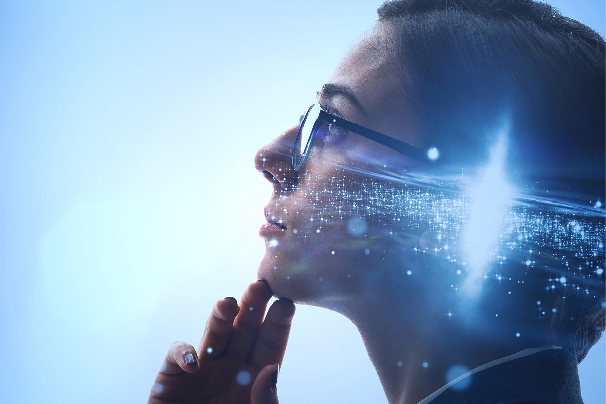 The picture of a woman thinking about creativity and innovation.