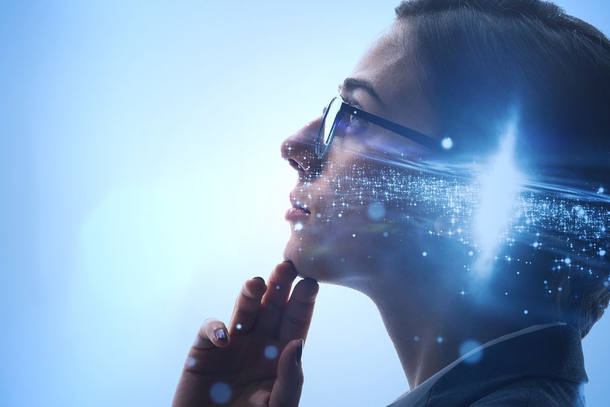 The picture shows a girl thinking with visual effects which means creativity and innovation help bring in more money with high-paying creative jobs.